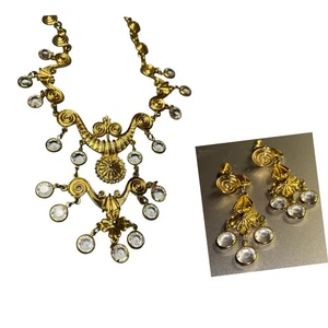 Vintage GOLDETTE Necklace & Earrings Egyptian Etruscan Revival Tiered Unsigned - Picture 1 of 9