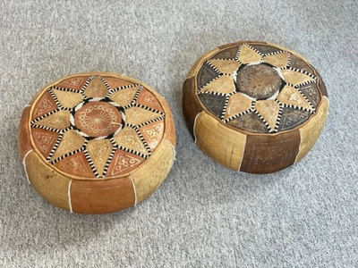 2 x Vintage Moroccan Leather Pouffe Ottoman Handmade True Mid Century Boho Retro - Image 1 of 4