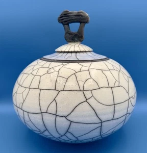 Große 11,5" breite Raku Crackle Glasur Keramik bedeckt Urne/Gefäß-Künstler signiert - Bild 1 von 9