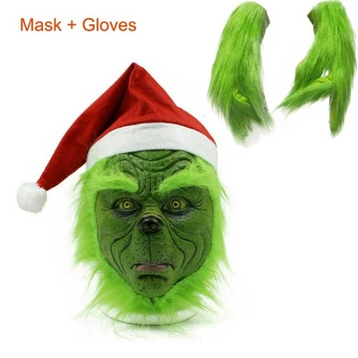 The Grinch Full Head Latex Mask Gloves Xmas Hat Monster Adult Costume Cosplay UK - Image 1 of 4