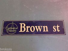 Vintage BROWN ST Cathedral District Street Sign 36" X 9" - GOLD on NAVY Ground