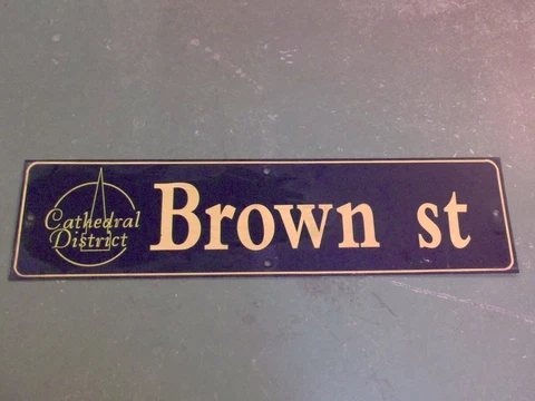 Vintage BROWN ST Cathedral District Street Sign 36" X 9" - GOLD on NAVY Ground Cover