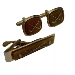 VTG Golf Cufflinks & Tie Clip 1950s 60s 3D Gold Tone Golfer Retirement Set Retro - Picture 1 of 9