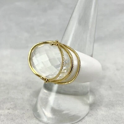 Anillo Elizabeth Adams Ágata Blanca Oro Amarillo 14k Jaula Alambre Cuarzo Facetado 7.5 Foto 1 de 4