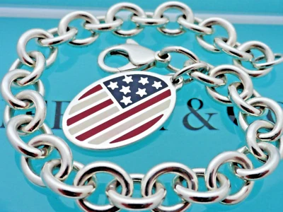 Tiffany & Co. Sterling Silver 7 3/4" American Flag Tag Charm Bracelet - Image 1 of 4