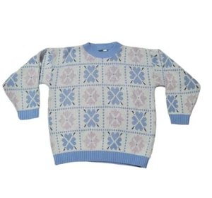 Y2K Ugly Christmas Sweater Womens M Pastel Hearts Pink Blue Snowflake Granny - Picture 1 of 13