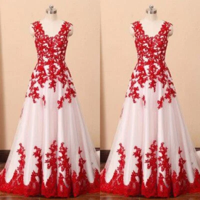 Red And White Wedding Dresses V Neck Lace Appliques A Line Bridal Gowns Train - Image 1 of 4
