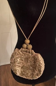 Caparros Evening Bag Purse Satin Beige Tassel Pearl Gold Beaded Ball Closure - Picture 1 of 8