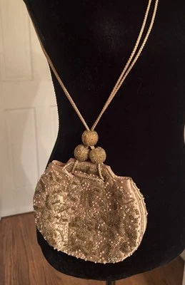 Caparros Evening Bag Purse Satin Beige Tassel Pearl Gold Beaded Ball Closure - Image 1 of 4