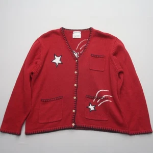 Christopher & Banks Cardigan Sweater XL Hand Embroidered Stars Novelty Retro Vtg - Picture 1 of 9