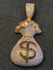 10k Solid Yellow Gold Money Bag Green & White Diamond Pendant 3/4ctw SI2-i1 - Picture 1 of 17