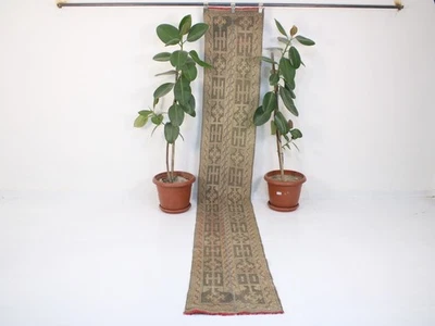 Vintage Brown Tan Patchwork Runner Rug Hand Knotted Wool 1.7x11.4 ft - Image 1 of 4