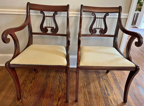 Pair of Vintage Louis XVI French Lyre Style Armchairs Cover