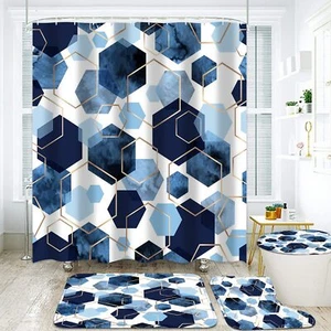 4Pcs Blue Bathroom Set Geometric Shower Curtain Set Modern Art Navy Blue Abst... - Picture 1 of 6