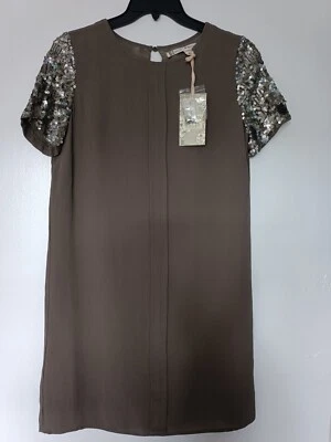  New Chelsea & Violet Brown shift dress with silver sequin sleeves size small XS - Image 1 of 4