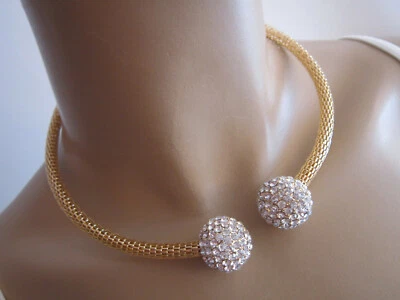 Modekette Collier Hals Reif Kette kurz + Armband Strass Kugeln gold Schmuck Set - Bild 1 von 4