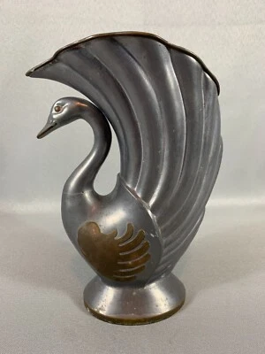 VINTAGE PEWTER SWAN VASE W/ BRASS OVERLAY 8.25" MID-CENTURY DECOR ART DECO - image 1 of 4