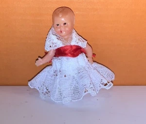 Vintage Germany ES Doll Baby Jointed Go To Sleep Eyes 2” Mini Tiny Lace Dress - Picture 1 of 4