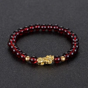 Natural Garnet Stone Beaded Pixiu Stretch Bracelet Burgundy Gemstone Bracelet - Picture 1 of 2