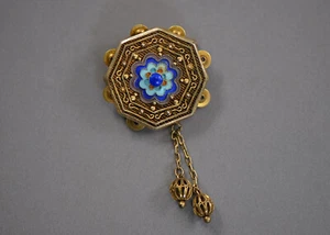 Vintage En Tremblant Tambourine Brooch Chinese Export Gilt Silver Enamel Pendant - Picture 1 of 3