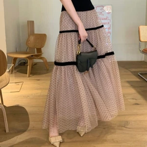 Mujer Falda Temperamento Malla Cintura Alta Ajustada Retro Lunares Falda Larga - Imagen 1 de 14