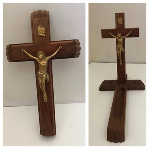 Vintage Wood Crucifix Cross Cast Metal Jesus Corpus Last Rights Box 13.5 x 7.5" - Picture 1 of 12