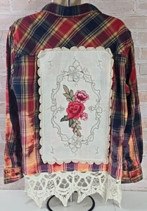 OOAK Upcycling Flanell Hemd Gypsy Boho Shacket Applikationen Spitze Gr. L 12-14 - Bild 1 von 12