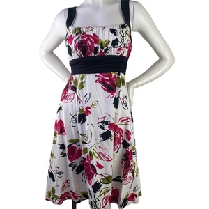 B Smart Damen weiß Blumen Schürze Midikleid gerafft Top rosa grün schwarz Schleife S 10 - Bild 1 von 10