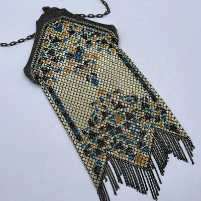 Vtg Antique Art Deco Mandalian 1920’s Flapper Purse Painted Enamel Mesh Silver - Image 1 of 4