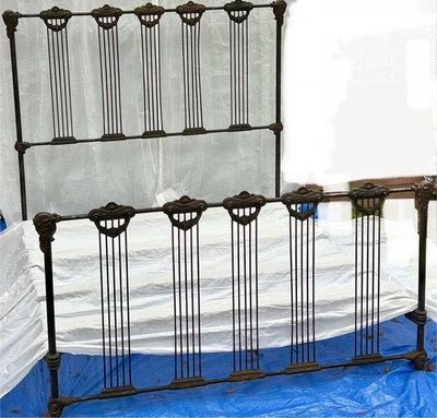 Vintage King Iron Bed Frame c. 1900 Gothic Antique Headboard Footboard Bedframe - Image 1 of 4