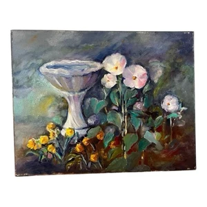Giclee Print 11x14 Inches Unsigned Flower Garden Birdbath on Canvas 0540 - Picture 1 of 5