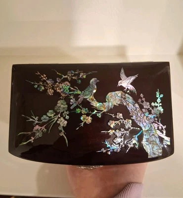 Vintage Inlay Mother Of Pearl Abolone Shell Floral Bird Lacquered Jewerly Box - Image 1 of 4