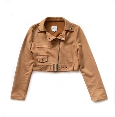 Love Tree Women's Faux Suede Beige Cropped Moto Jacket Size: M - Image 1 of 4