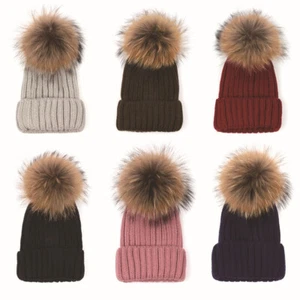 Womens Warm Winter Hats 15cm Bobble Ball Faux Fur Thermal Knitted Beanie Ski Cap - Picture 1 of 9