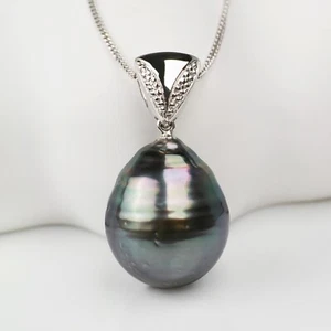Colgante grande de plata de ley de perlas de agua salada de Tahití lágrima verde de 15,6 x 19 mm - Imagen 1 de 6