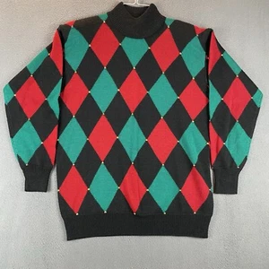 VTG Jones New York Christmas Sweater Sz M Red Green Black Argyle Gold Studs EUC - Picture 1 of 8