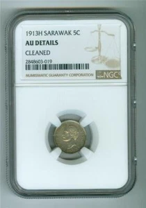 SARAWAK 1913-H 5 CENTS SILVER C. J. BROOKE RAJAH NGC AU DETAILS CLEANED SCARCE - Picture 1 of 4