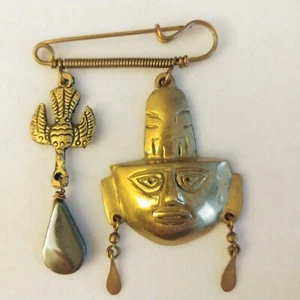  Vintage Aztec Bird Warrior God Brooch Pin Brass Head Mask Style Hematite Drop - Picture 1 of 10