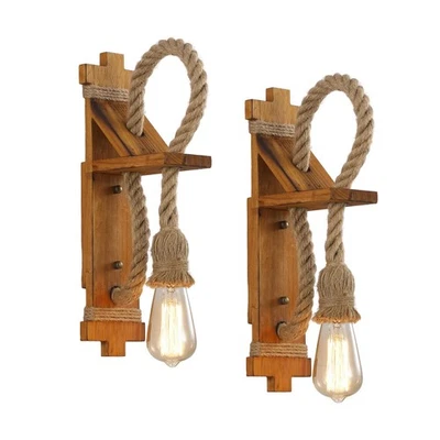 Juego de Apliques de Pared de Madera de Granja con Cuerda de Cáñamo Natural, Boho... Foto 1 de 4