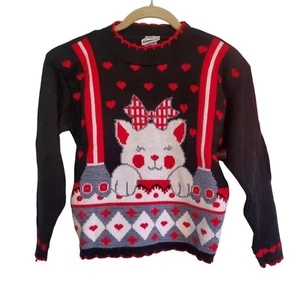 Vintage Fairy Kei Kawaii Kitty Kitten Cat Red Black White Sweater Kids Childrens - Picture 1 of 10