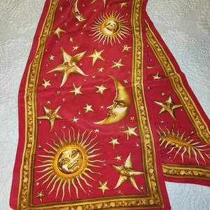 Casca Red Silk Celestial Sun Moon Stars Scarf 50” X 13" Vintage 100% Silk - Picture 1 of 6