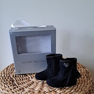 NUEVO SIN ETIQUETAS Stuart Weitzman Bebé Negro Gamuza Flecos Botas Metal Logo Cremallera S-2 Foto 1 de 4