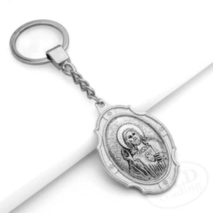 Sacred Heart Medal Keychain Large Silver Pendant Zinc Alloy Religious Key Ring - Bild 1 von 8
