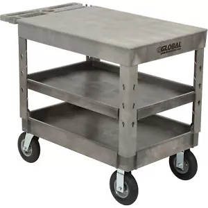 Plastic 3 Flat Shelf Service Utility Cart 44” x 25-1/2” 8" Pneumatic Wheels - Picture 1 of 5