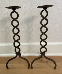 2 Tall Iron Candlesticks Candle Holders Spiral Helix 16" tall Rustic Set of 2 - Picture 1 of 7