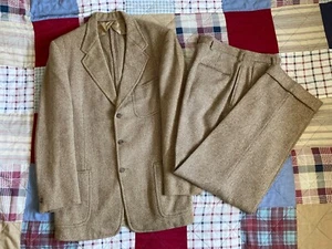 Vintage 1950s Tweed Suit Brown Beige Wool Herringbone Size 40 Pants 30x32 - Picture 1 of 16