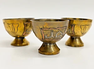 Vintage Brass Miniature Cups Set of 3 Gold/Copper Overlay Islamic Script Etched - Picture 1 of 12
