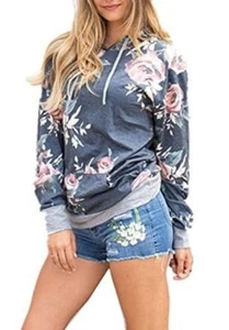 Angashion blaues Hoodie Oberteil mit Blumenmuster LS Größe XL Kangeroo Tasche weich  - Bild 1 von 5