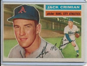 1956 Topps Baseball Card Jack Crimian Pit Kansas City Athletics G/B NR Mt # 319 