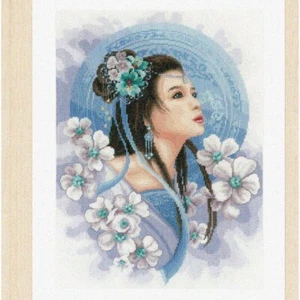 Stitching Serenity: Counted Cross Stitch Lady in Blue and Navy - DIY Embroidery - Picture 1 of 3
